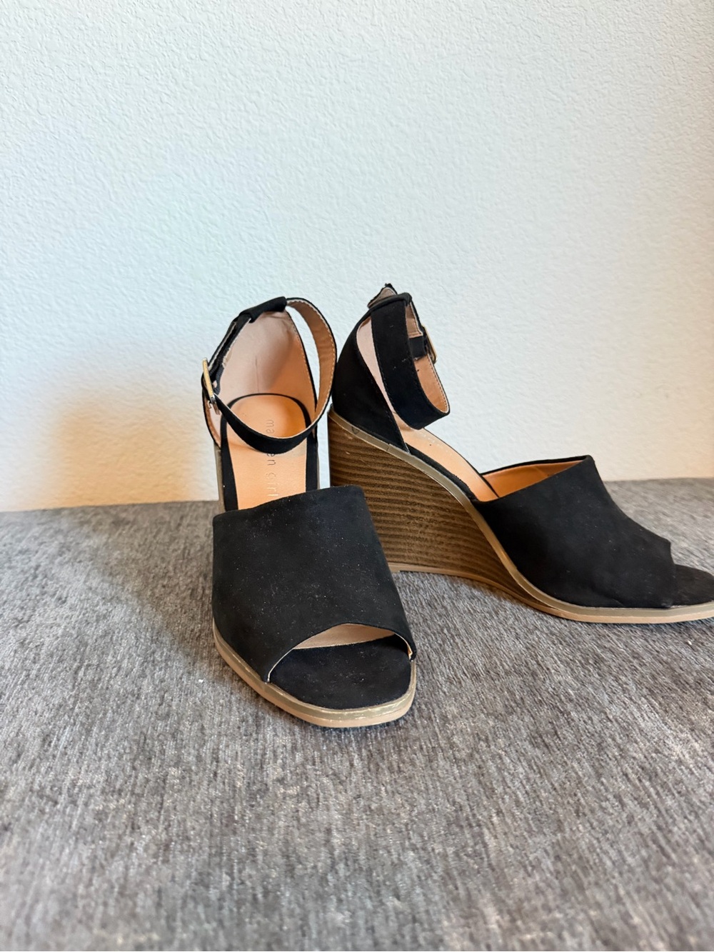 Women’s Black Suede Wedge Sandals with Ankle Strap
